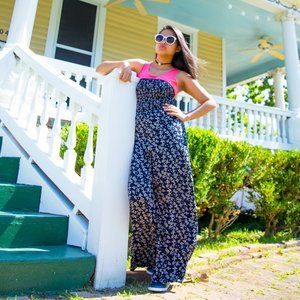 STRAPLESS NAVY & WHITE FLORAL JUMPSUIT